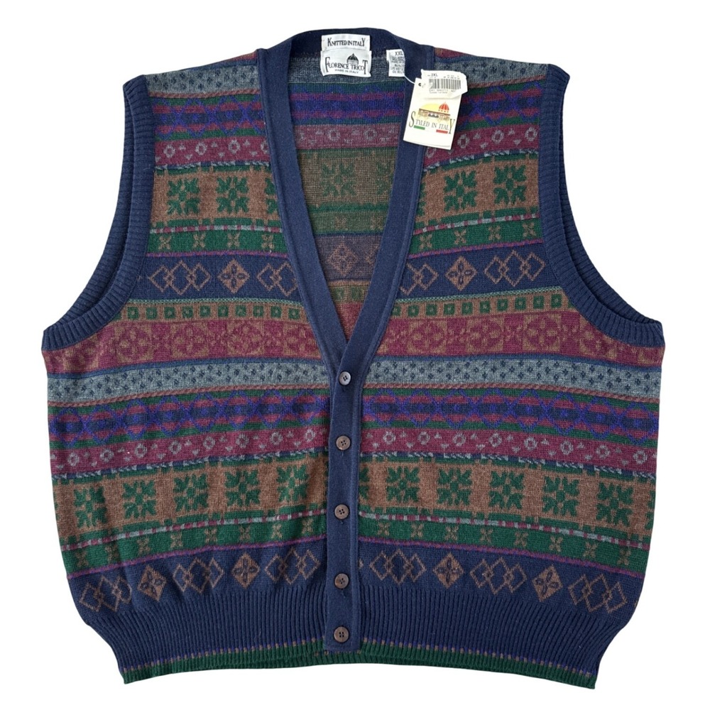 Vintage Florence Tricot Sweater Vest Mens XXL Italy Fair Isle Grandpa 90s NWT